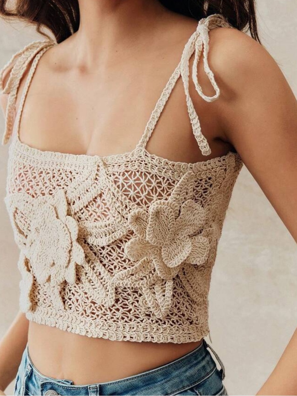 Crochet Floral Tie-Shoulder Crop Camisole in Beige